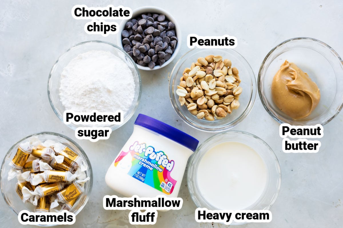 Labeled ingredients for homemade snickers bars.