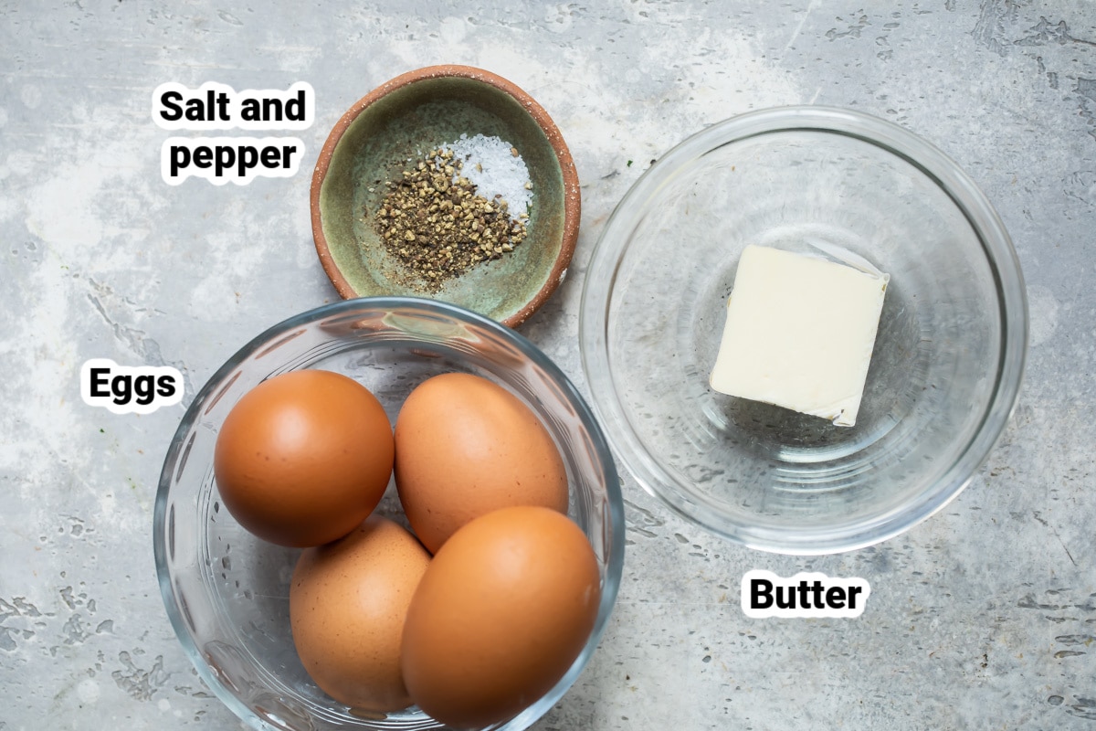 Labeled ingredients for how to scramble eggs.