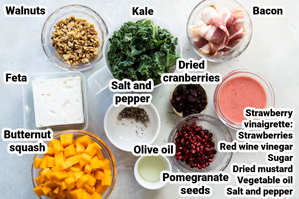 Labeled ingredients for kale salad.