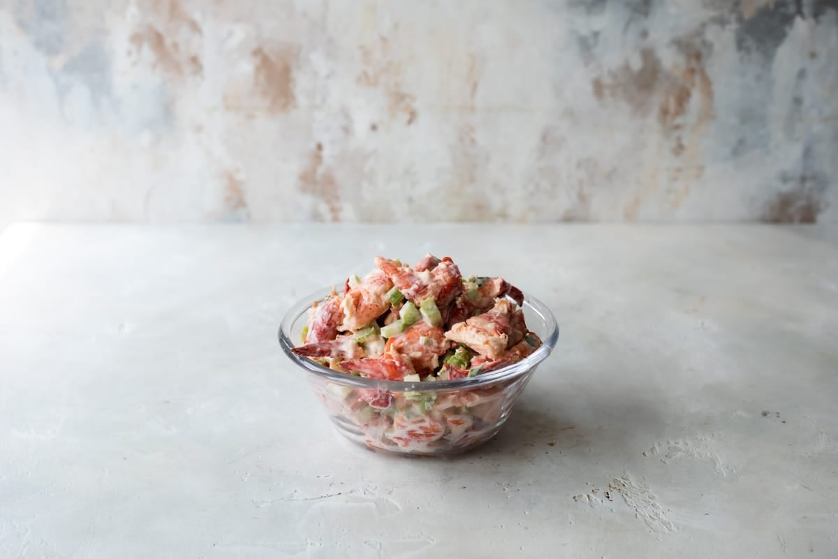 A bowl of filling for lobster rolls.