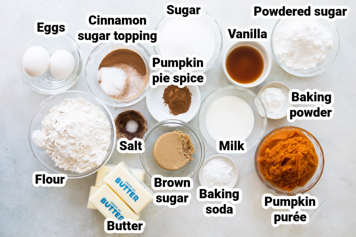Labeled ingredients for pumpkin cookies.