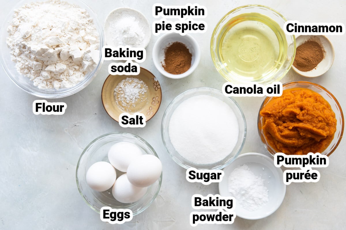 Labeled ingredients for pumpkin muffins.