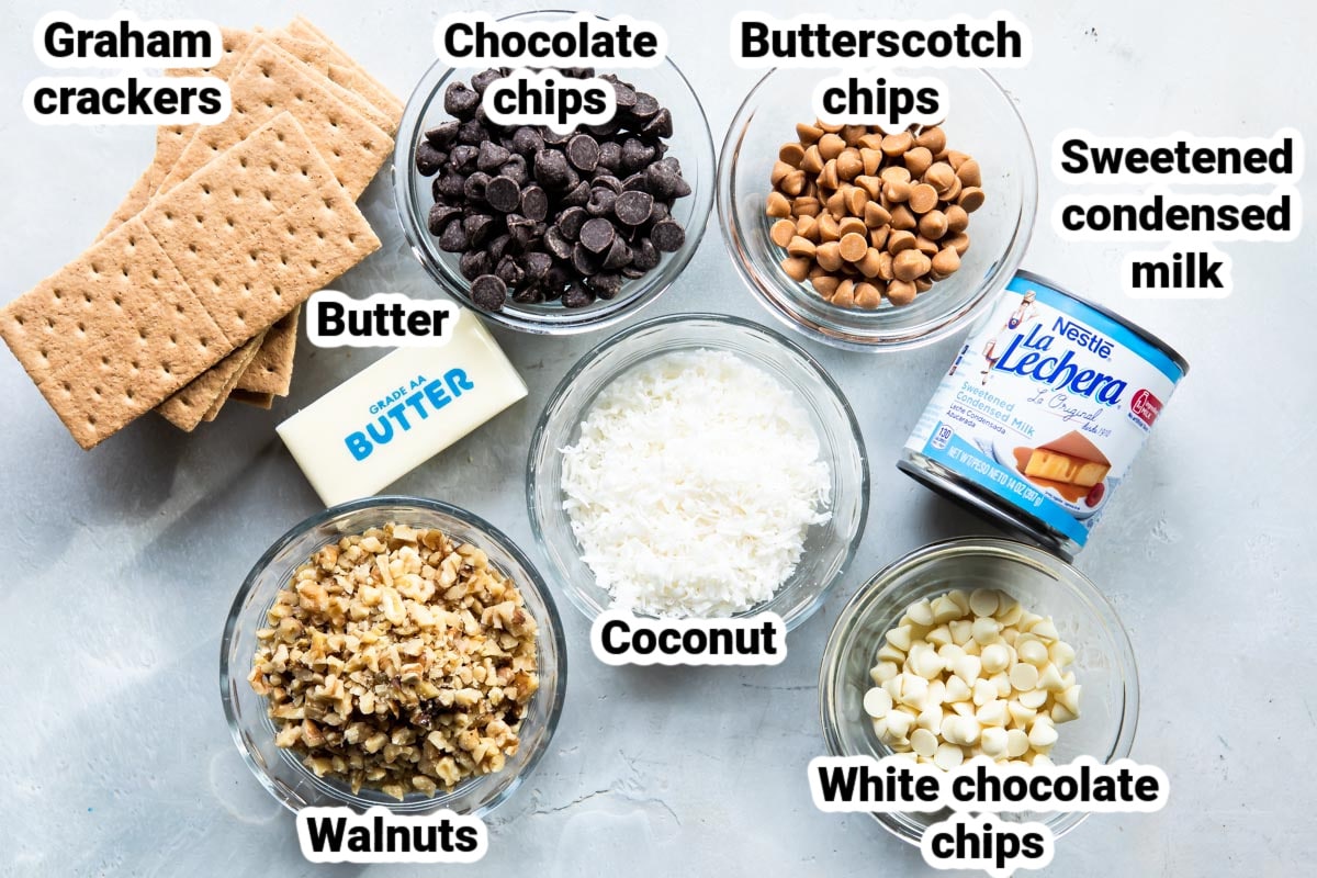 Labeled ingredients for seven layer bars.