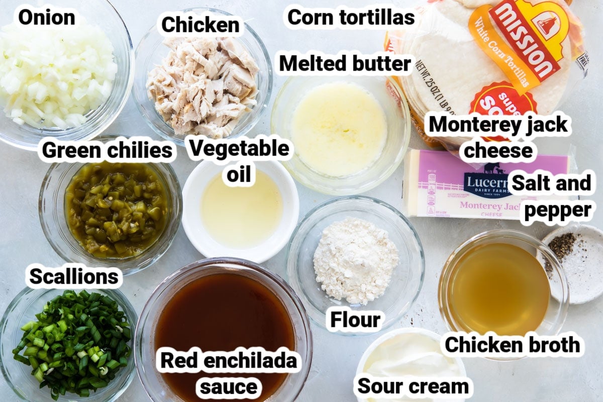 Labeled ingredients for sour cream chicken enchiladas.