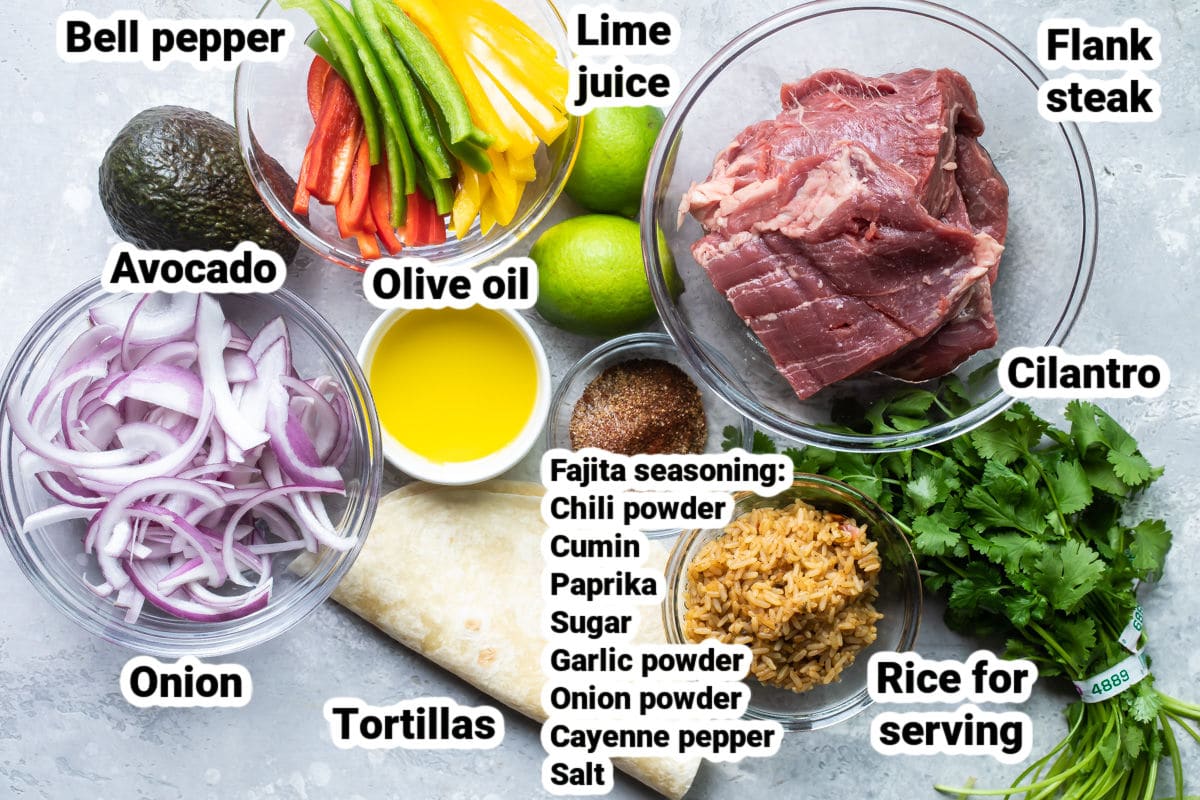 Labeled ingredients for steak fajitas.
