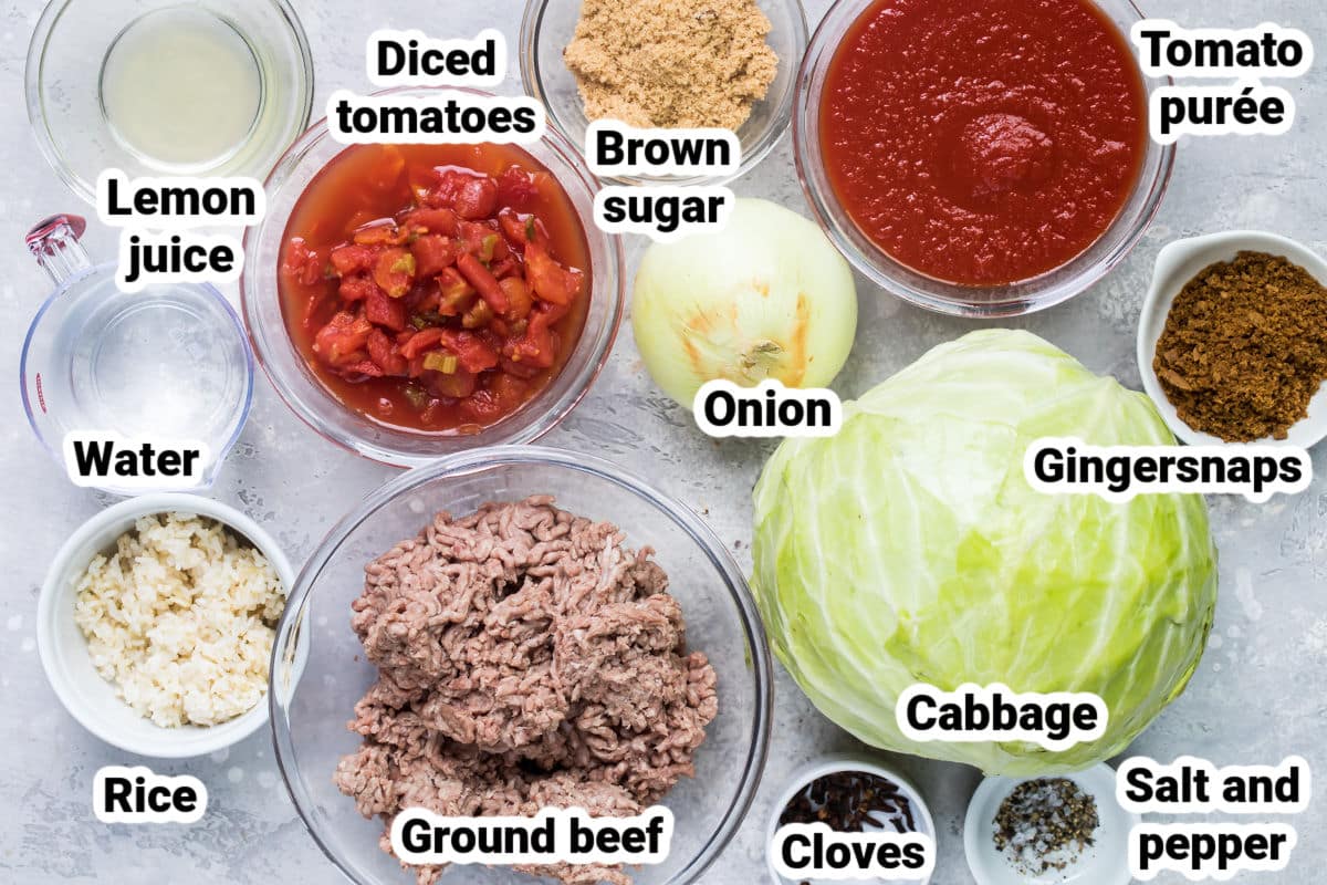 Labeled ingredients for stuffed cabbage rolls.