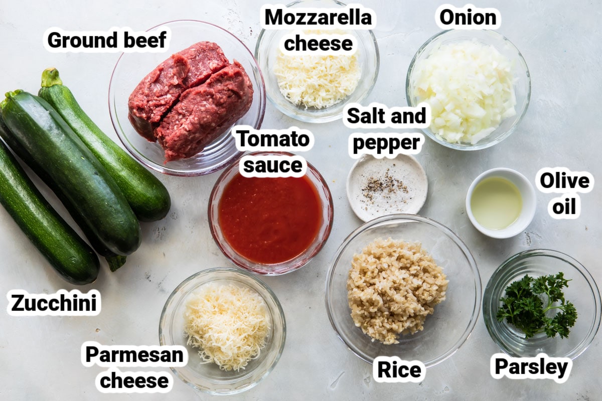 Labeled ingredients for stuffed zucchini.