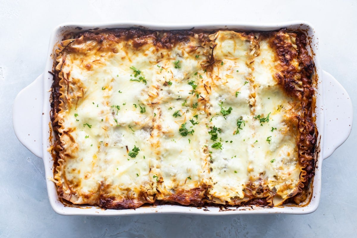 The best make ahead lasagna in a white baking dish.