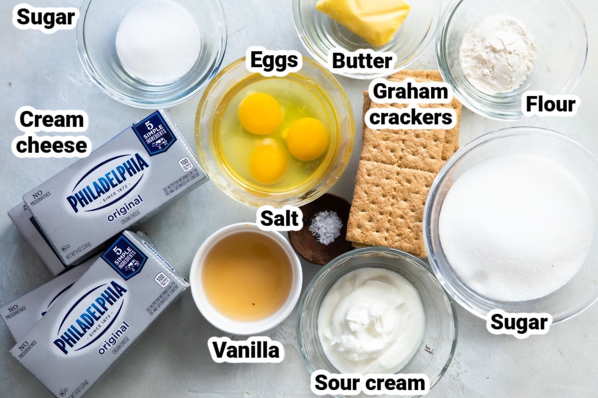Labeled ingredients for vanilla cheesecake.