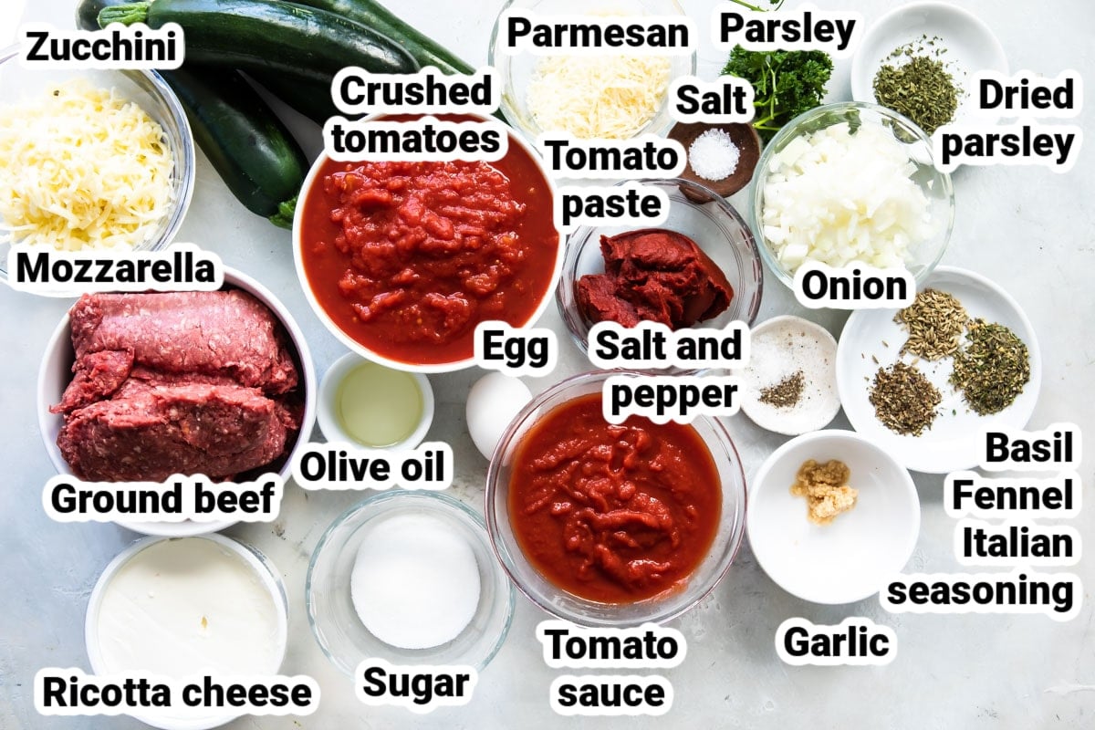Labeled ingredients for zucchini lasagna.
