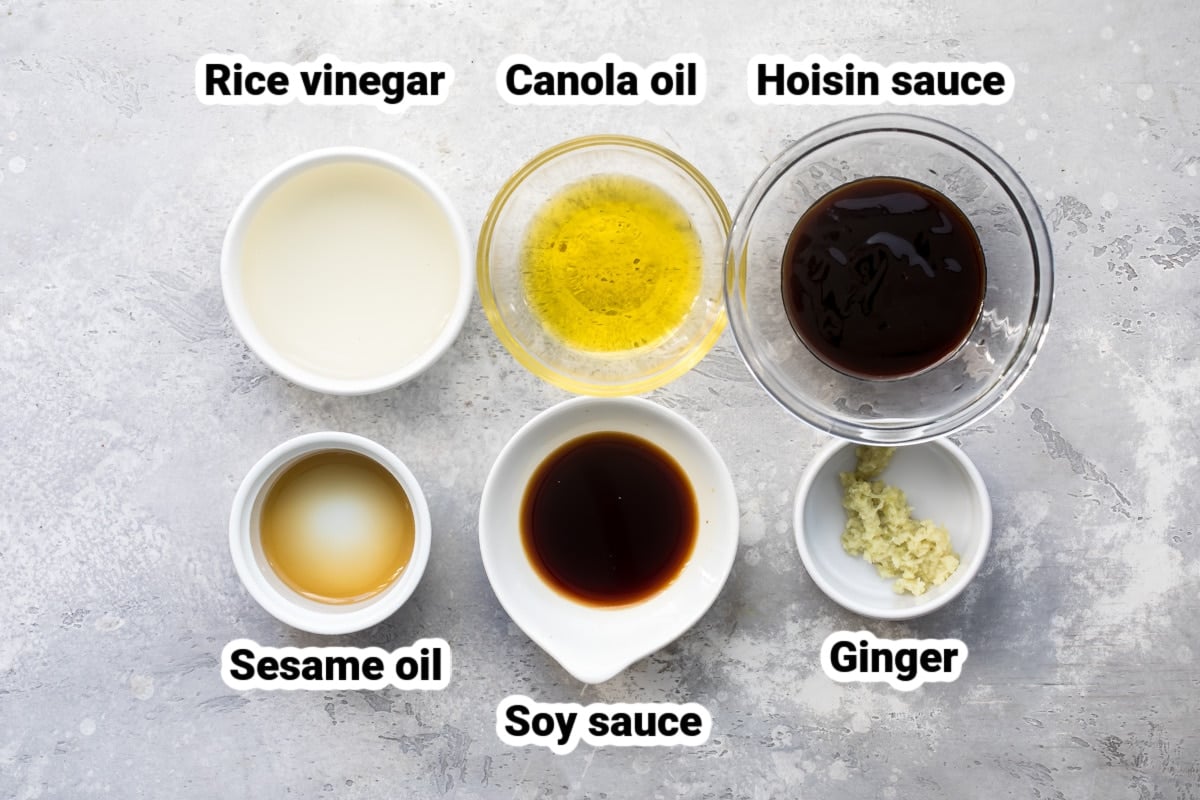 Labeled ingredients for Asian salad dressing.