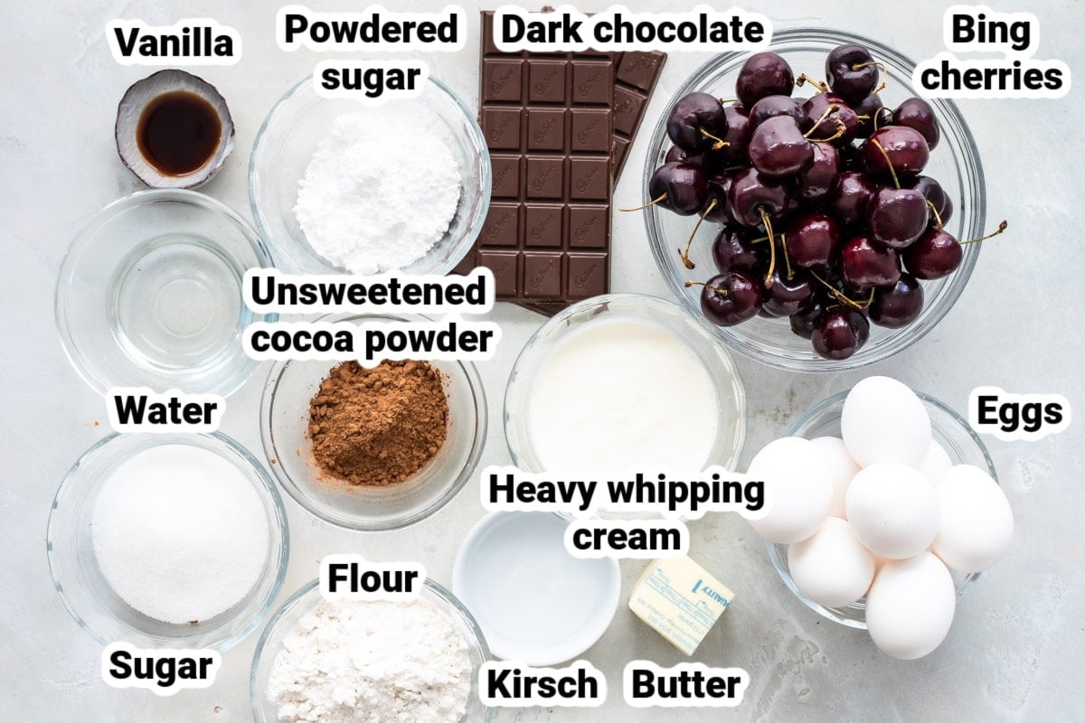 Labeled ingredients for black forest cake.