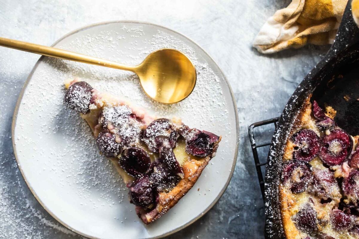 Slices of Cherry Clafoutis on a plate.