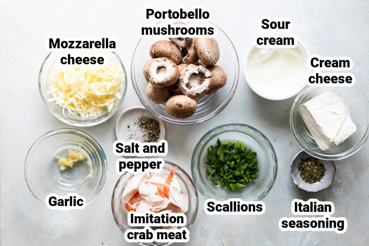 Labeled ingredients for crab stuffed mushrooms.