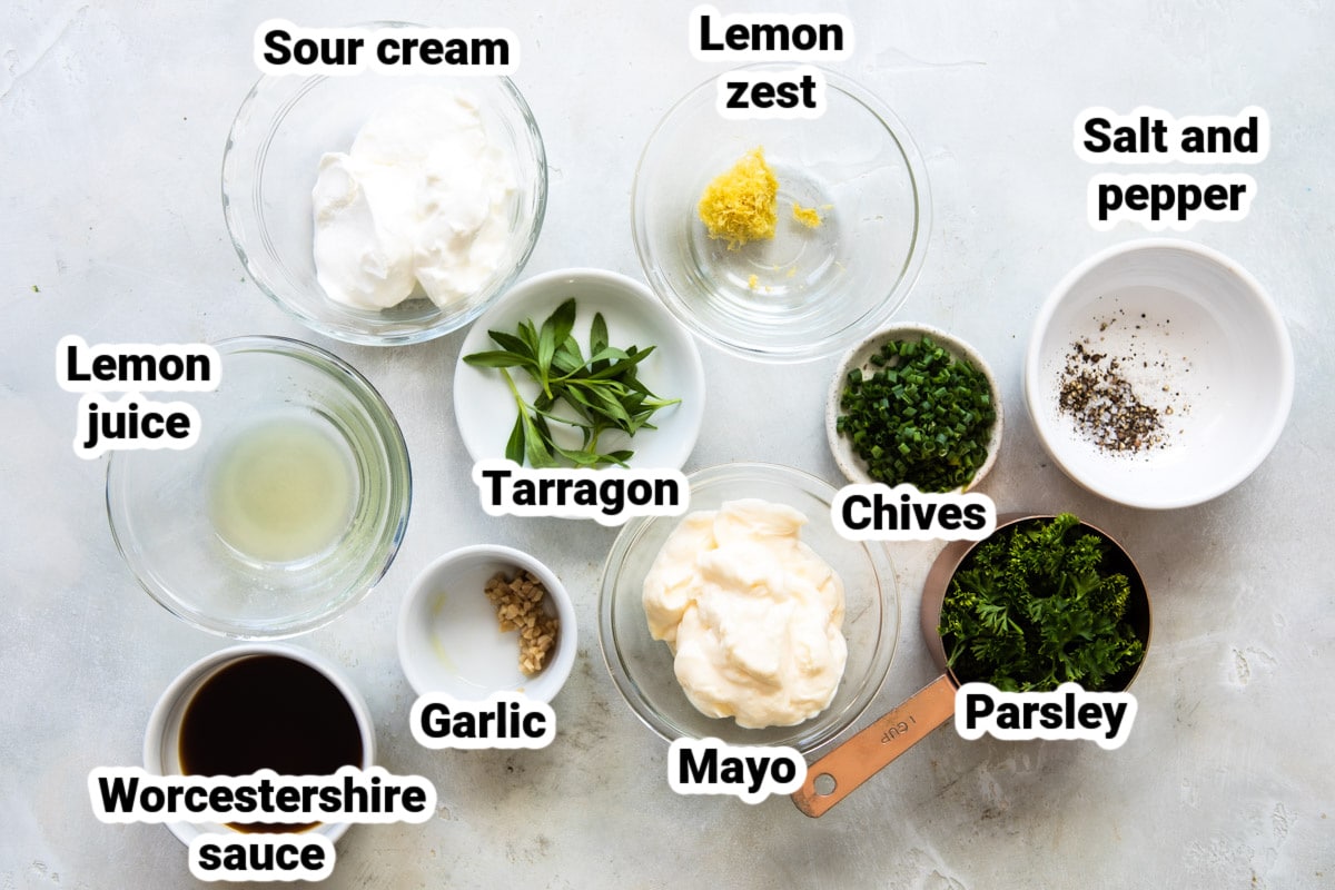 Labeled ingredients for green goddess dressing.