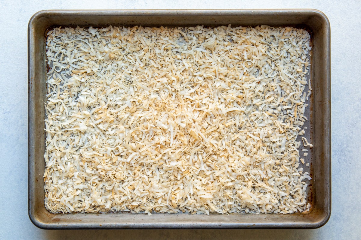 A tray of toasted coconut.