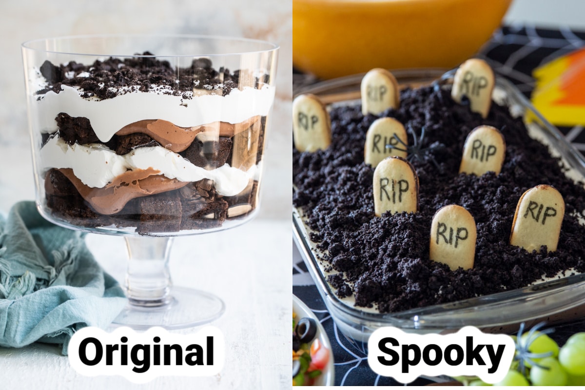 Side by side picture of regular brownie dessert and a Halloween party version.