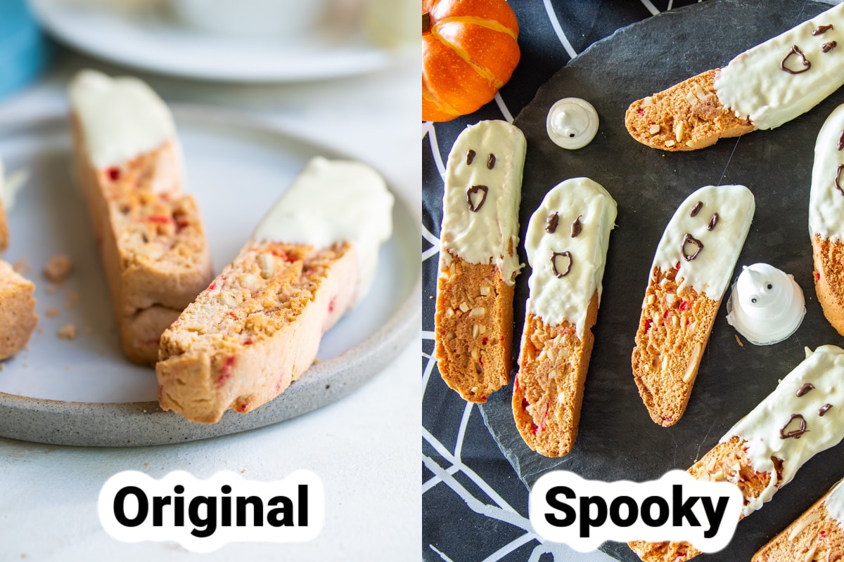 Side by side picture of regular biscotti and a Halloween party version.