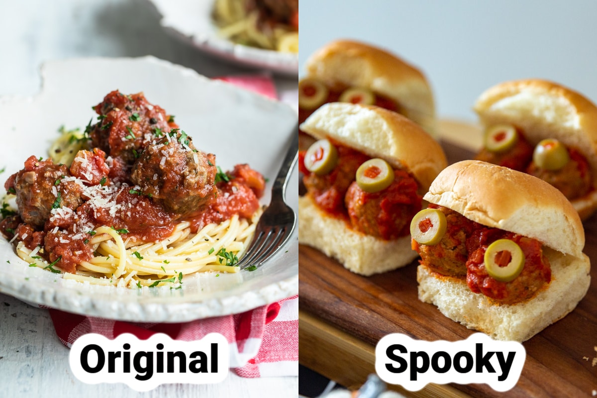 Side by side picture of regular meatballs and a Halloween party version.