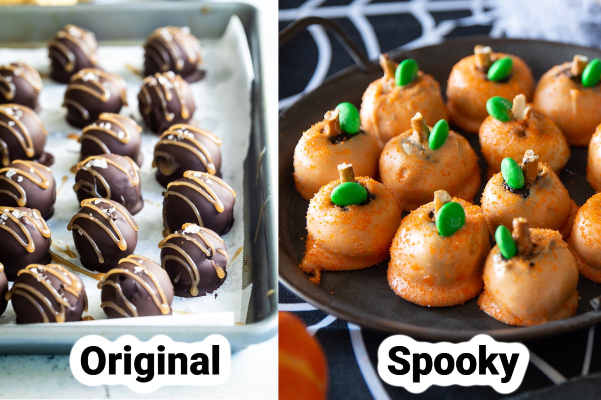 Side by side picture of regular Oreo cookie balls and a Halloween party version.