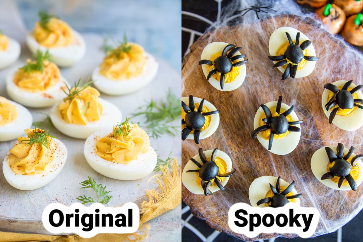 Side by side picture of regular deviled eggs and a Halloween party version.