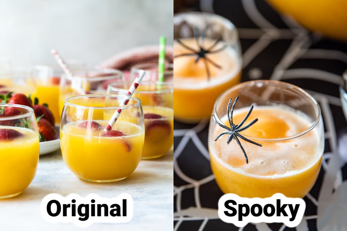 Side by side picture of regular fruit punch and a Halloween party version.