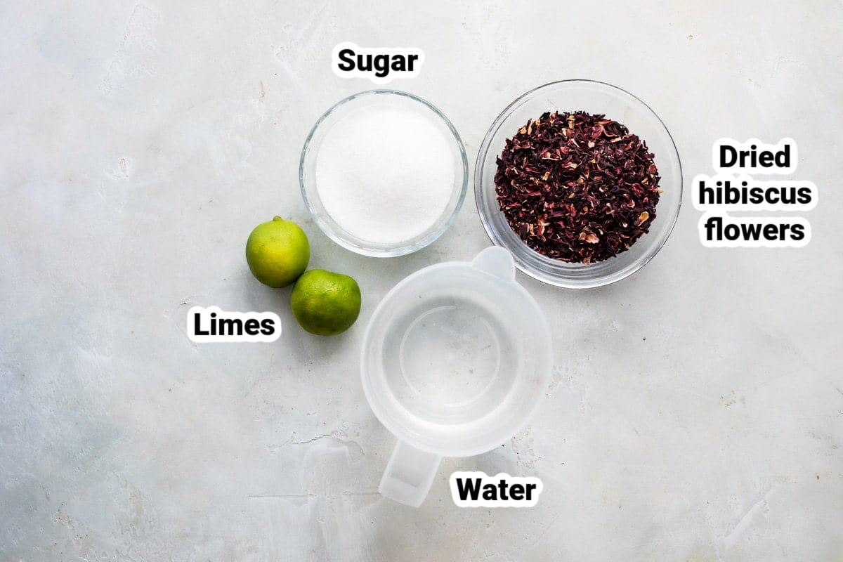Labeled ingredients for Agua de Jamaica.