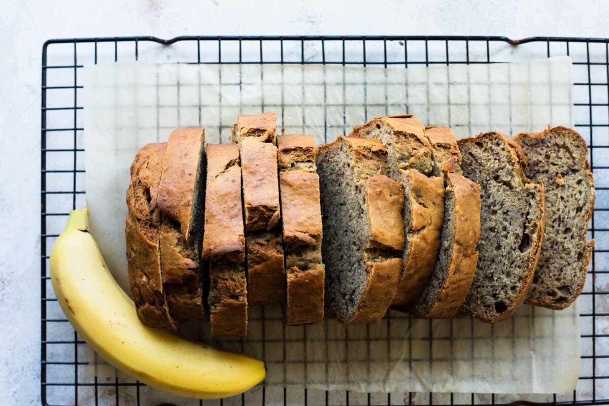 Slices of banana bread on a board.