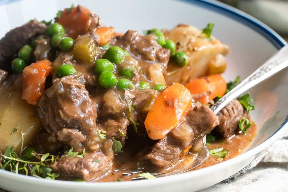 Bowls of beef stew on a table.