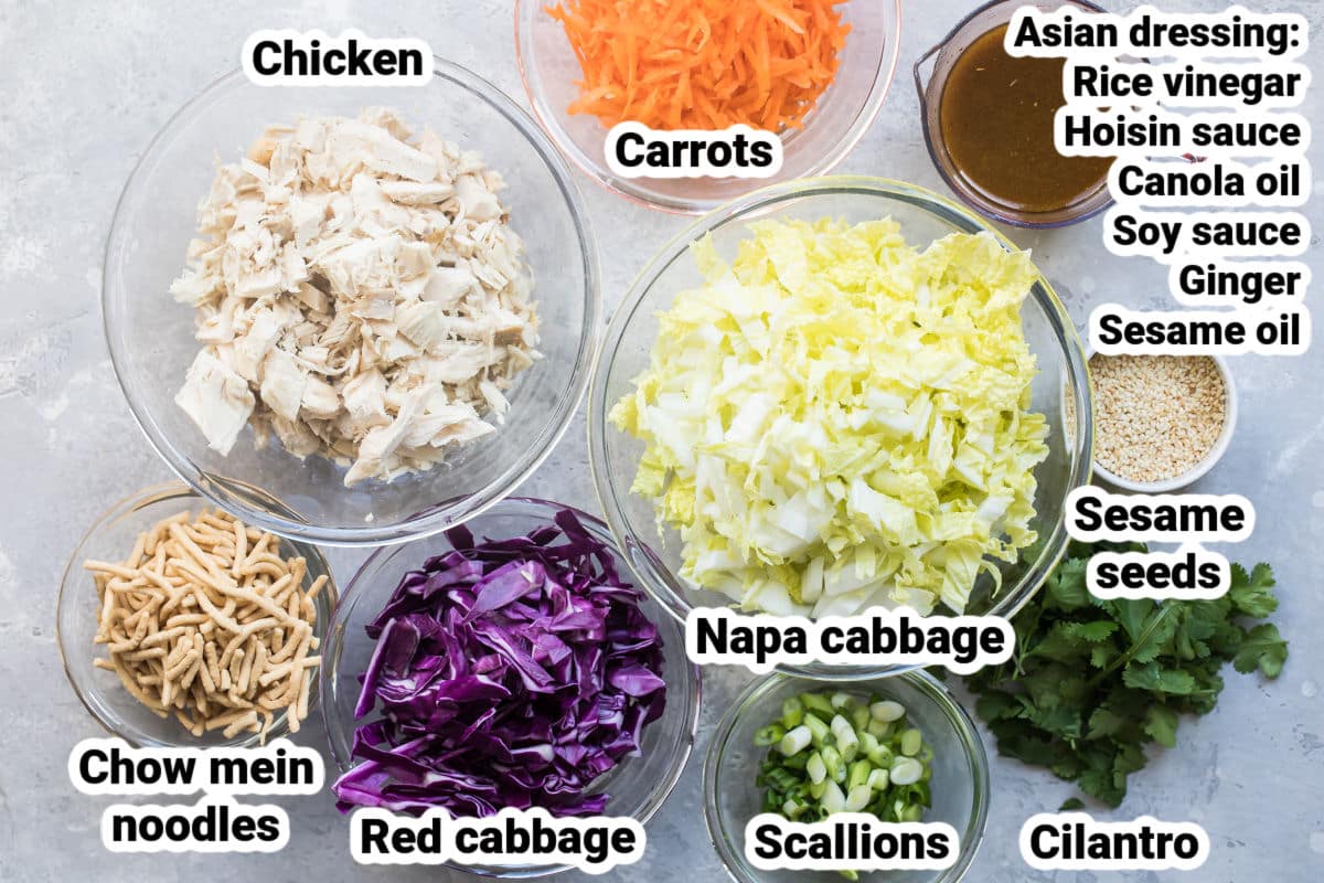 Labeled ingredients for Chinese chicken salad.