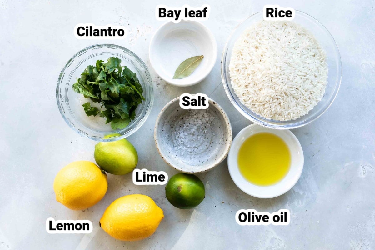 Labeled ingredients for cilantro lime rice.