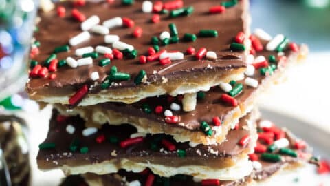 A stack of Christmas crack on a plate.