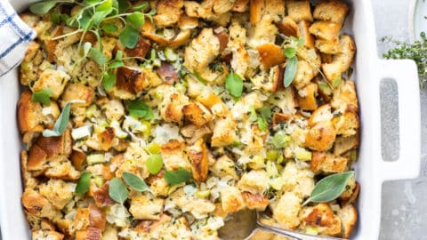 A baking dish full of classic bread stuffing.