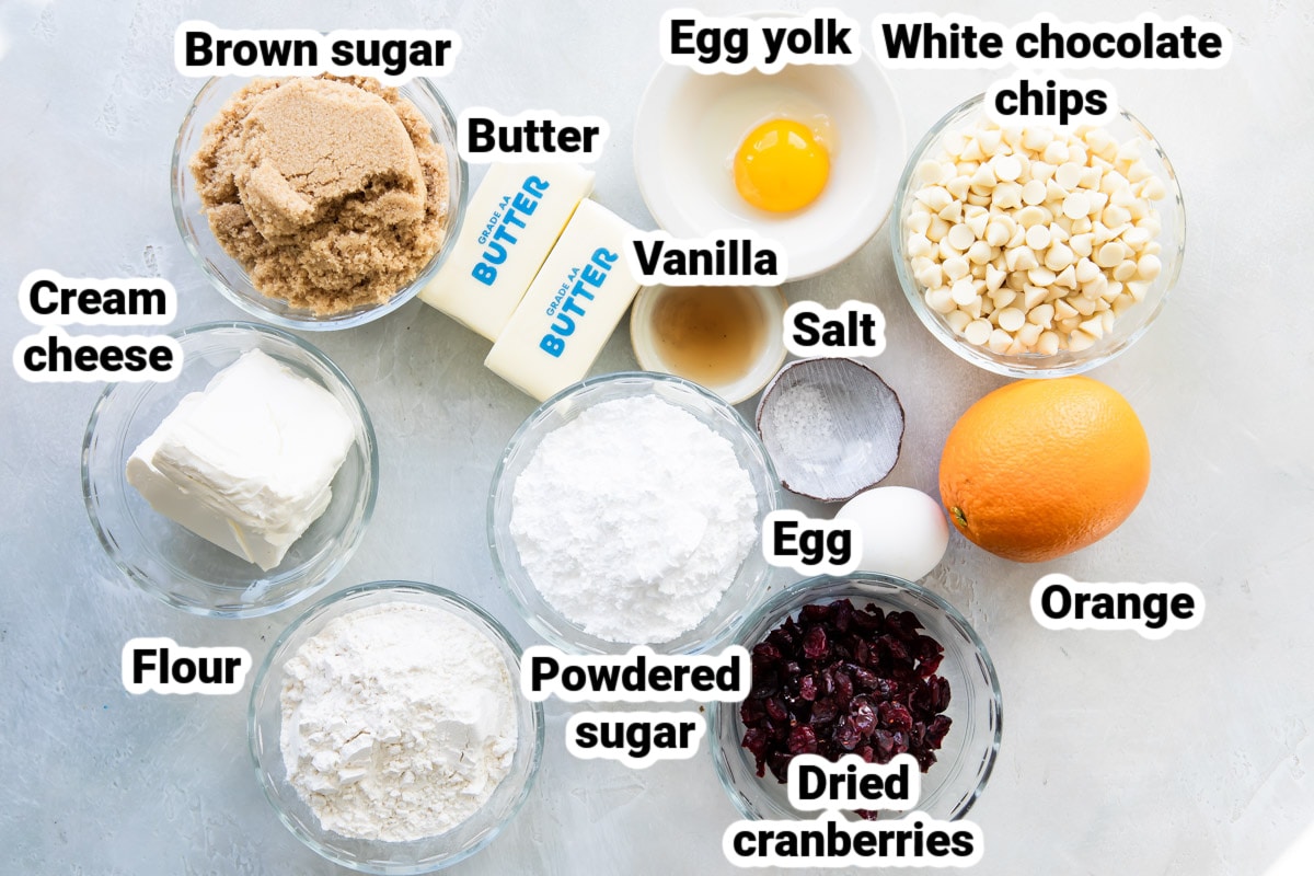 Labeled ingredients for cranberry bliss bars.