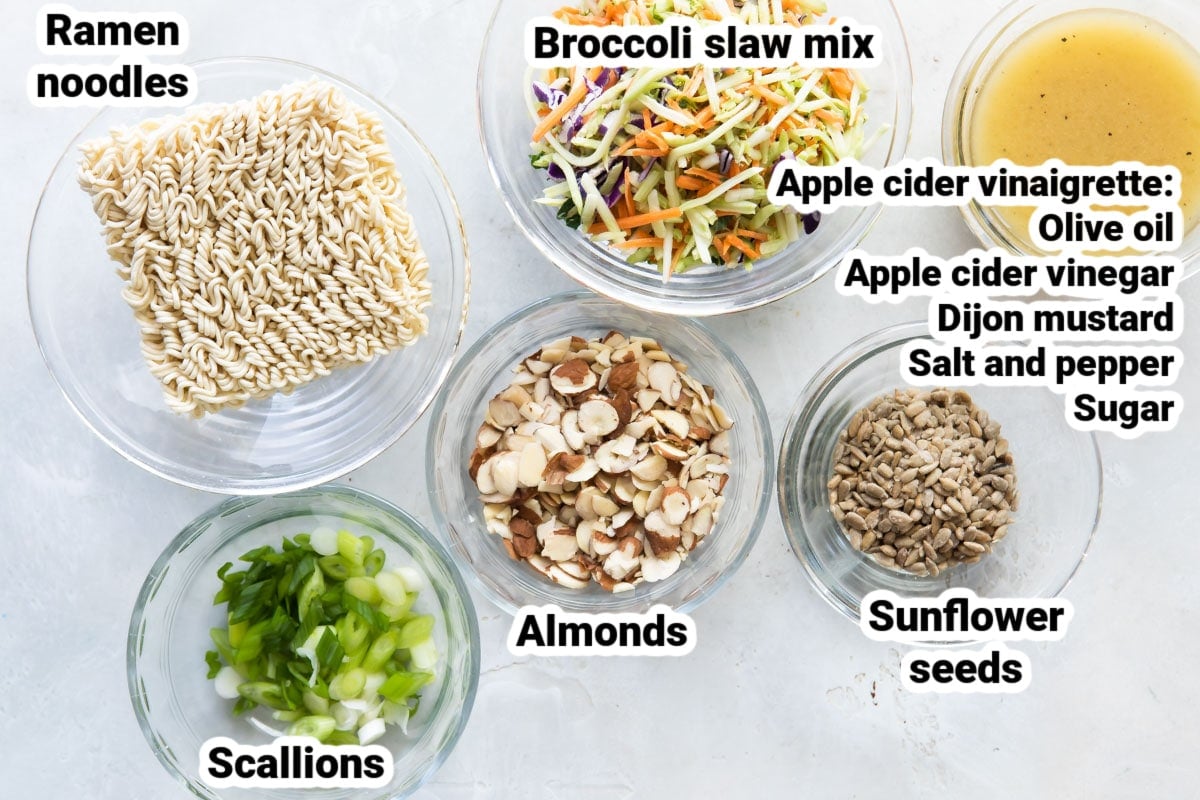 Labeled ingredients for crunchy broccoli slaw.