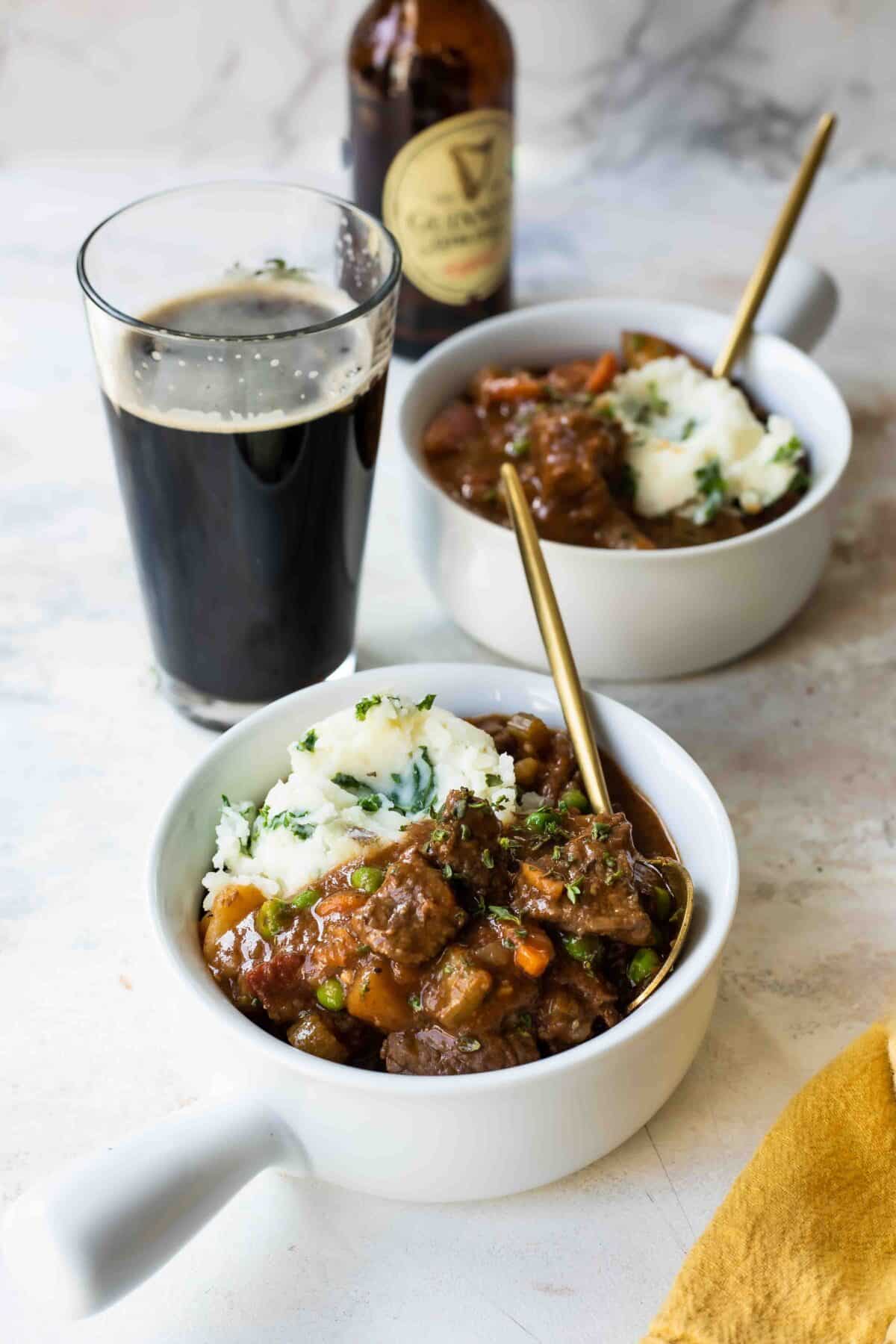 Bowls of Guinness Stew with Colcannon.