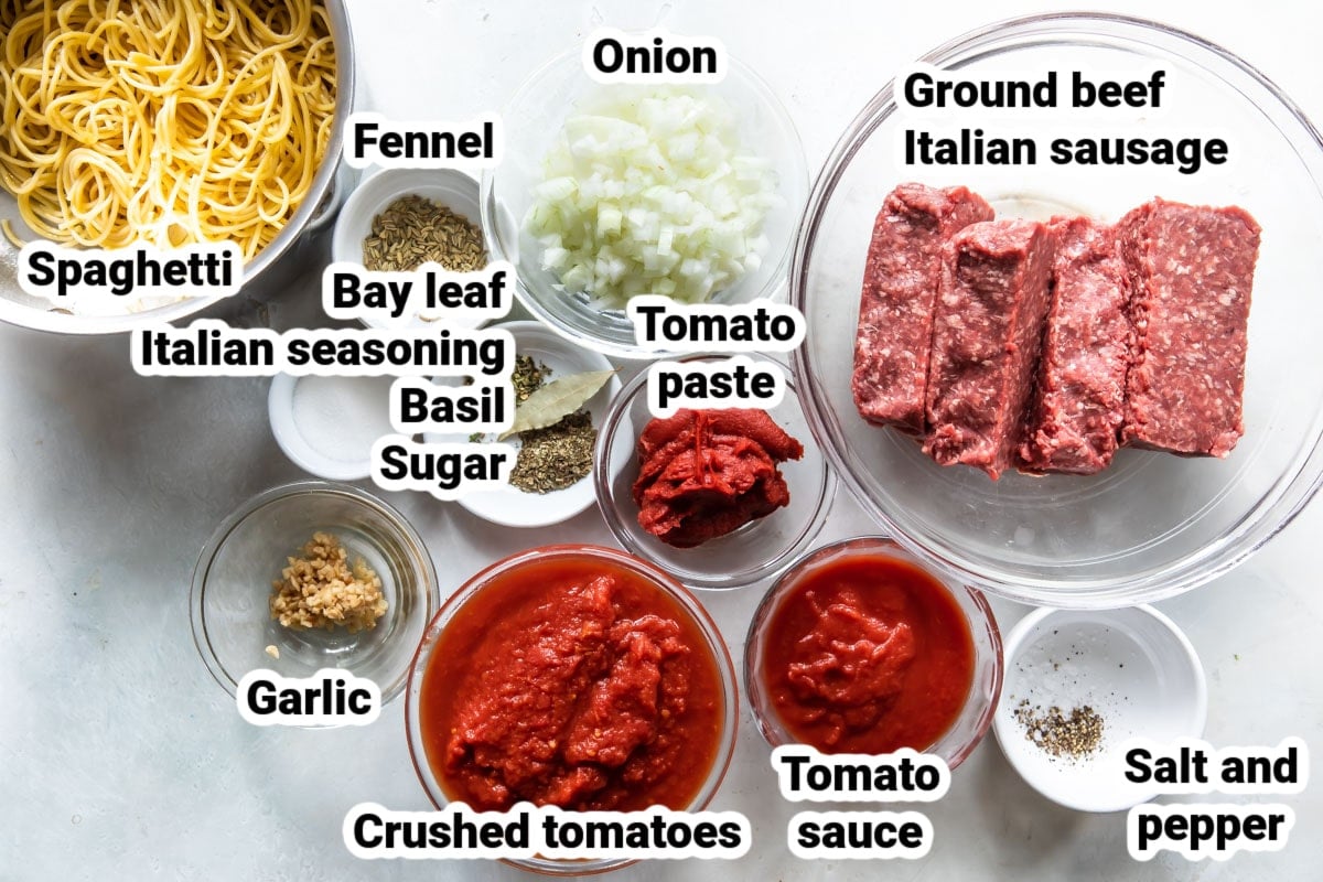 Labeled ingredients for homemade meat sauce.