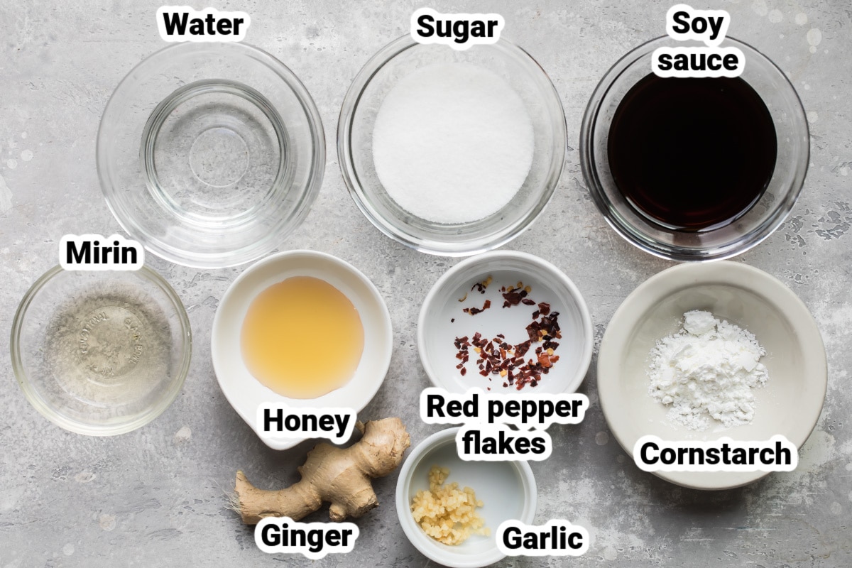 Labeled ingredients for how to make teriyaki sauce.