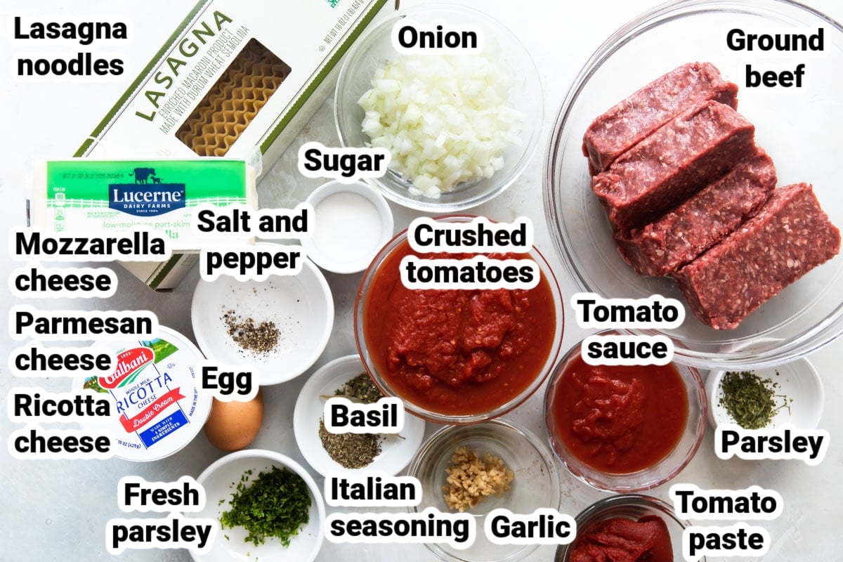 Labeled ingredients for lasagna.