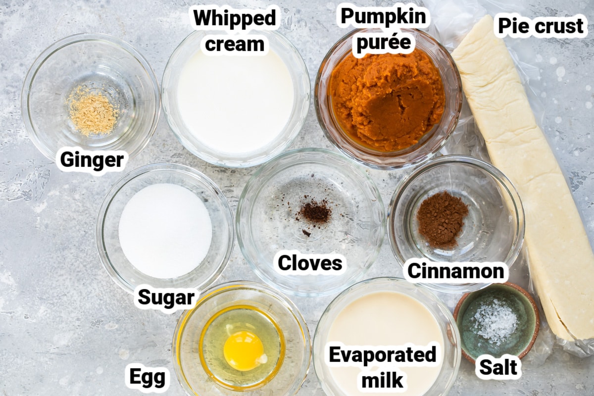 Labeled ingredients for mini pumpkin pies.