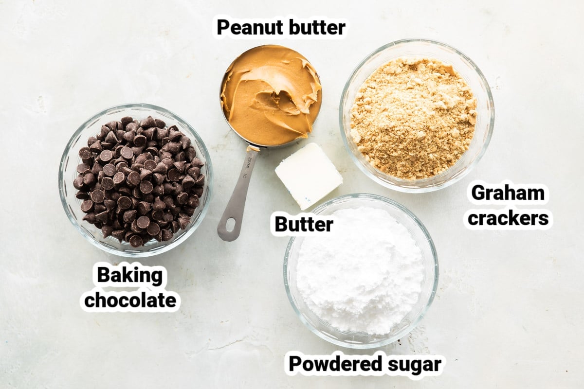 Labeled ingredients for no bake peanut butter balls.