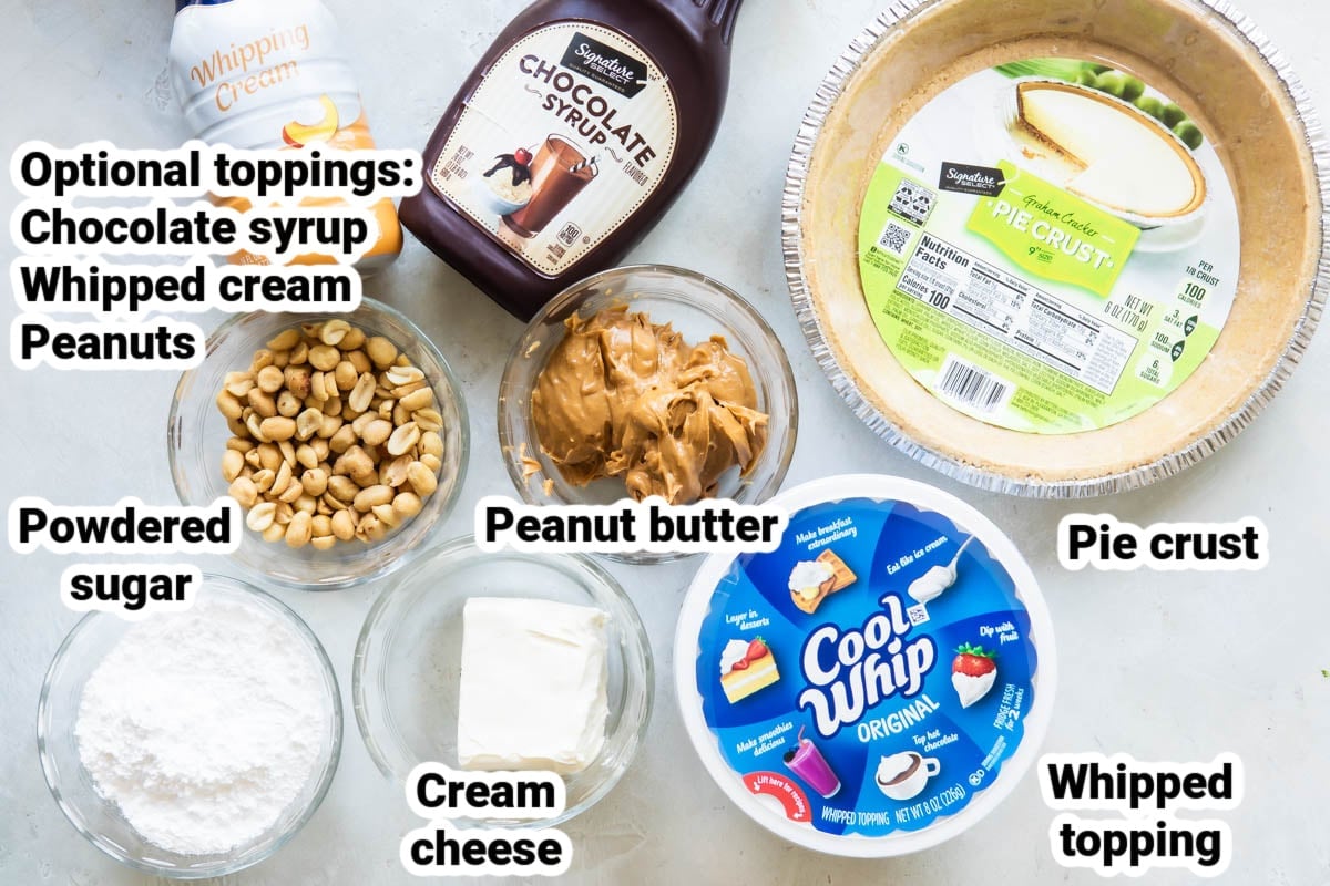 Labeled ingredients for peanut butter pie.