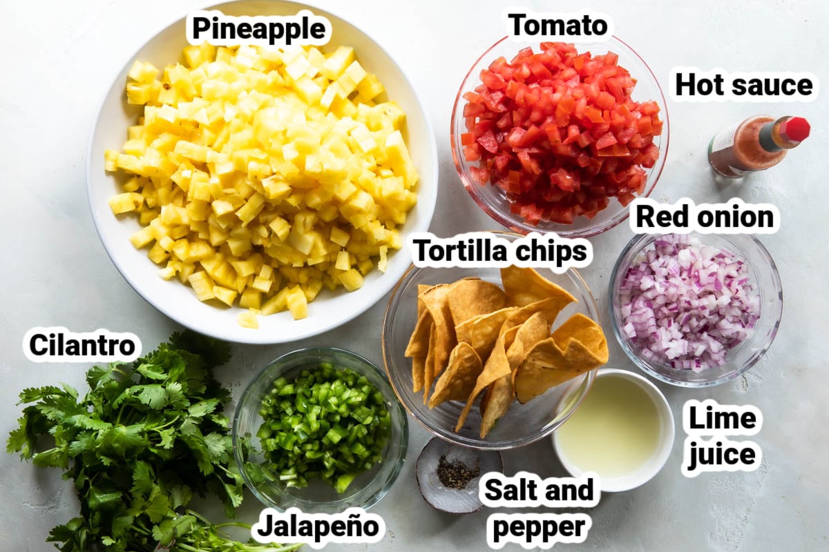 Labeled ingredients for pineapple salsa.