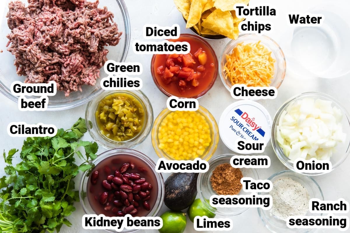 Ingredients for taco soup labeled.