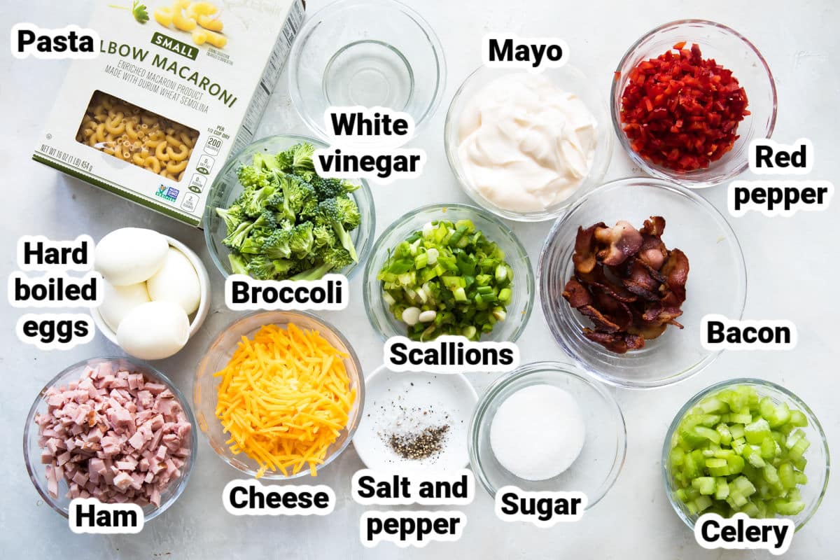 Labeled ingredients for the best macaroni salad.