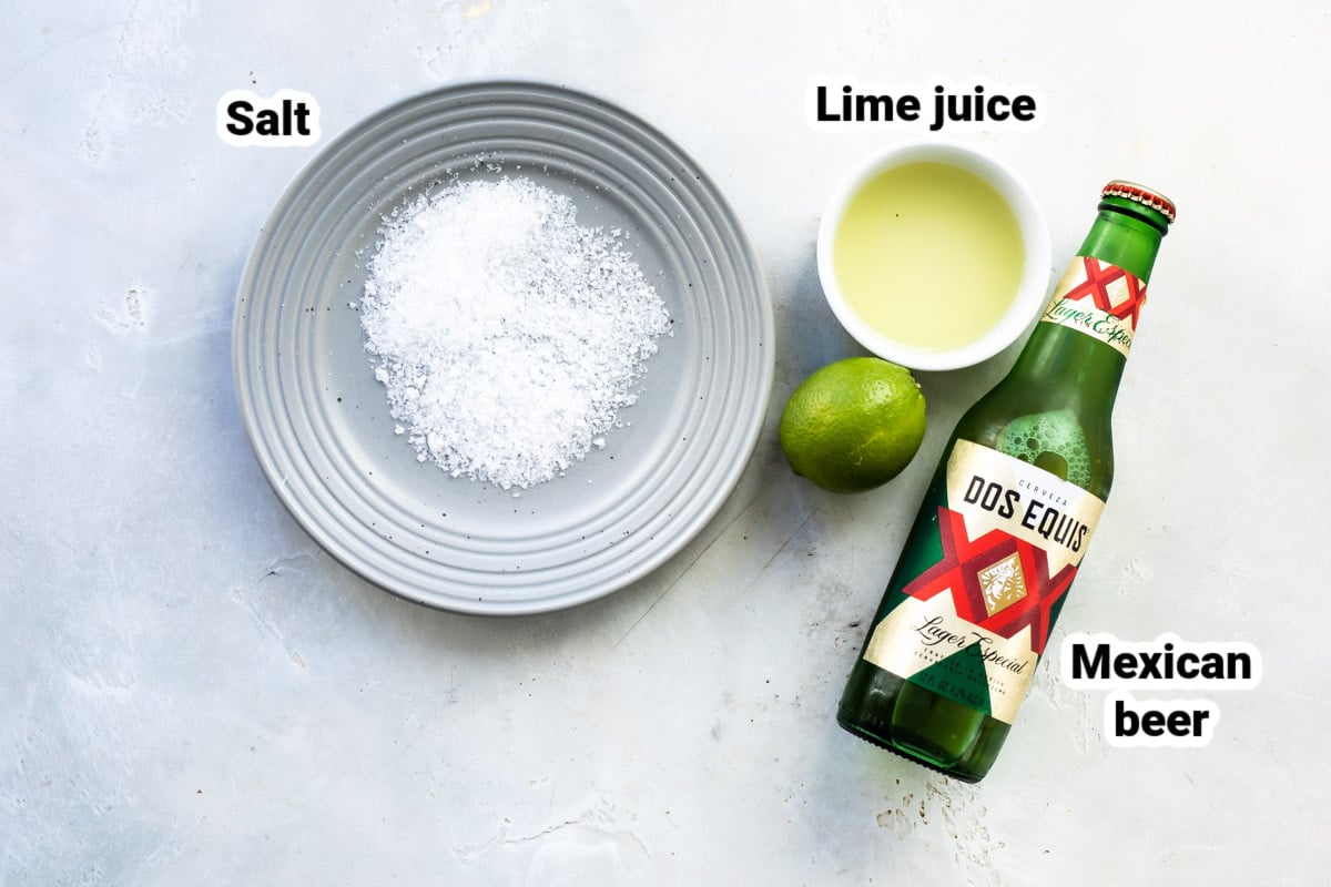 Labeled ingredients for a Chelada.
