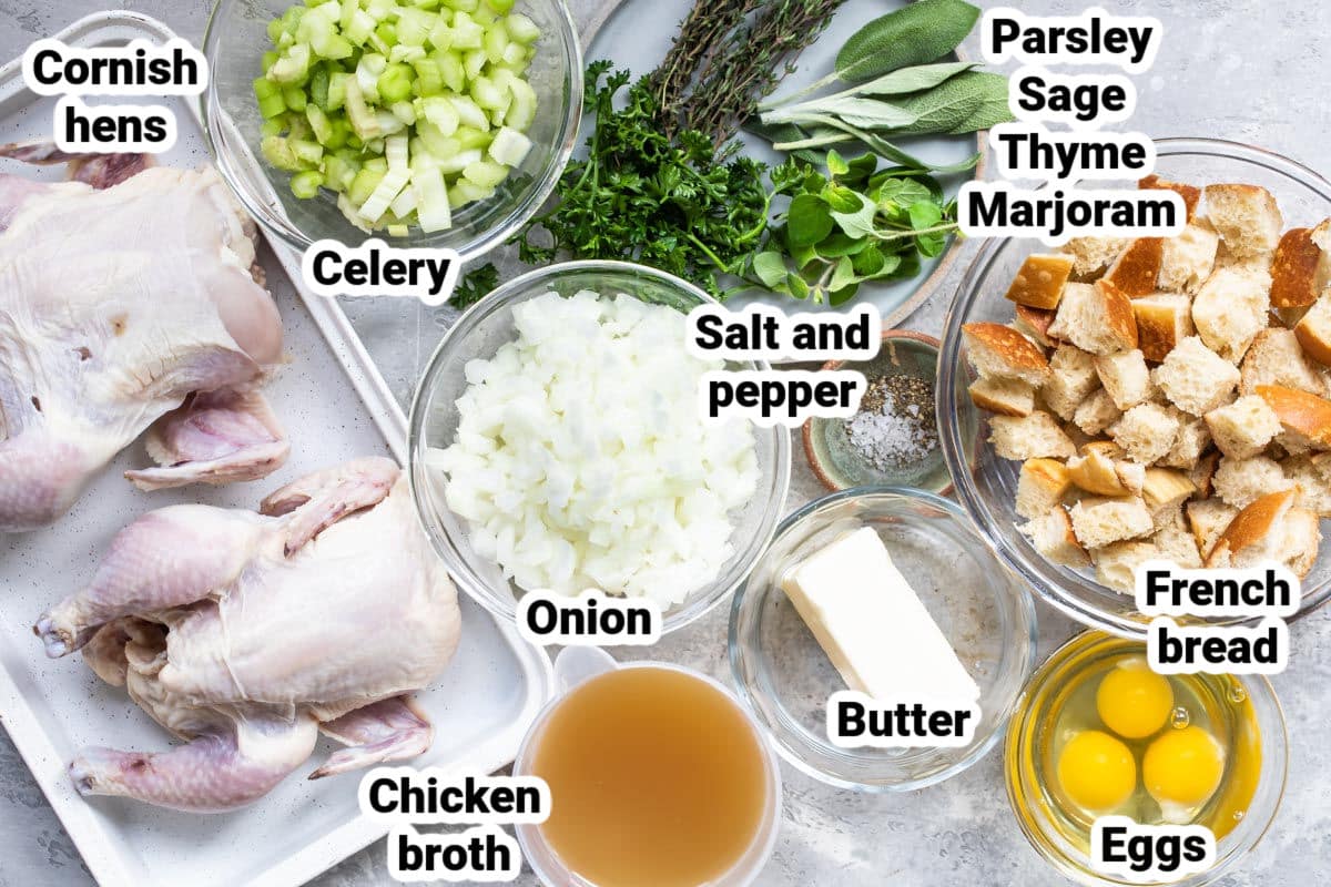 Labeled ingredients for Cornish hens with stuffing.