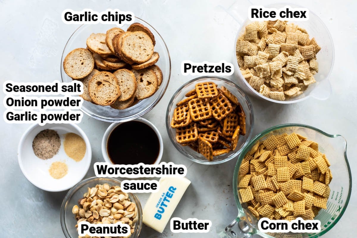Labeled ingredients for homemade chex mix.