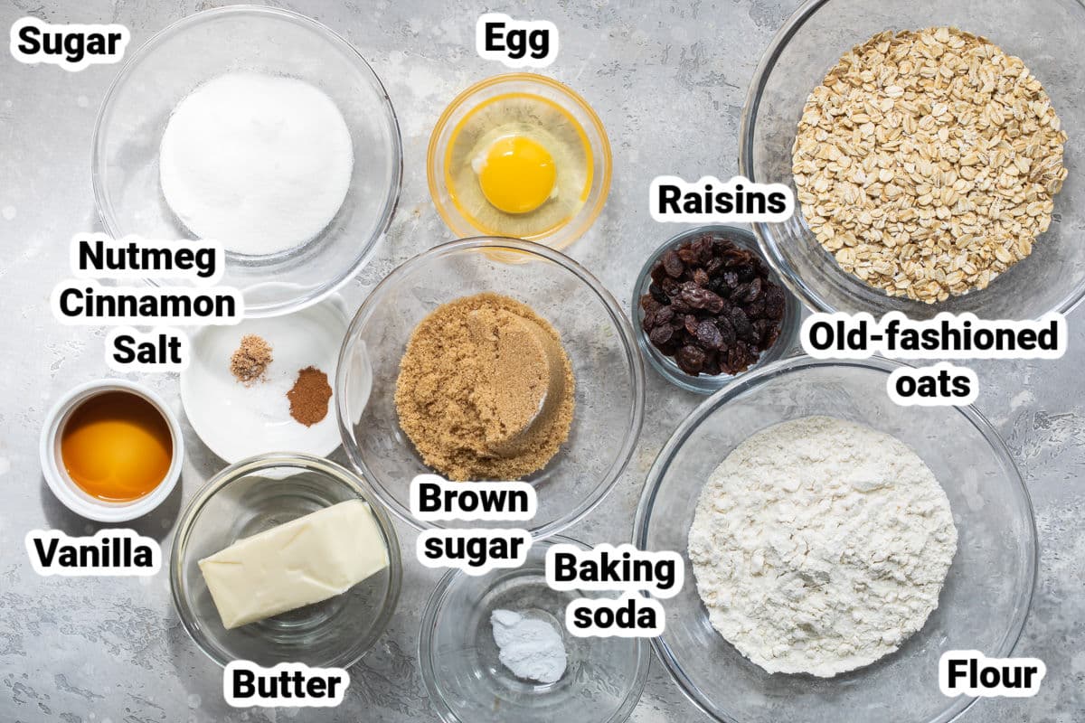 Labeled ingredients for oatmeal raisin cookies.