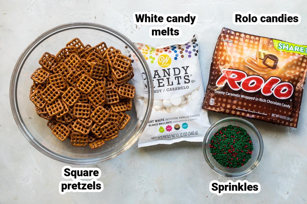 Labeled ingredients for Rolo pretzel candies.
